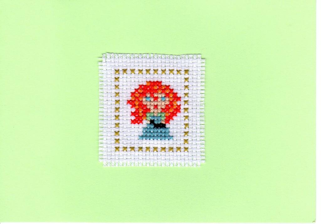 kaart met geborduurde Merida (Brave) (173), Hobby en Vrije tijd, Kaarten | Zelfgemaakt, Ophalen of Verzenden, Nieuw, Disney