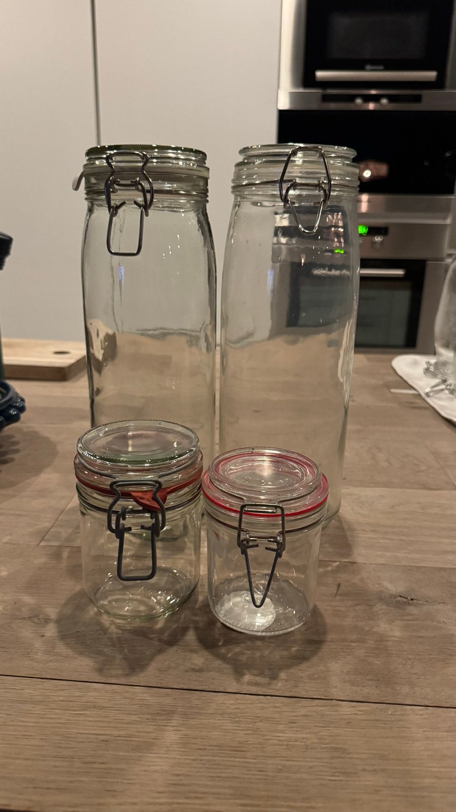 Glazen voorraadpotten en weckpotjes - set van 4, Voorraadpot, Ophalen of Verzenden, Gebruikt, Glas
