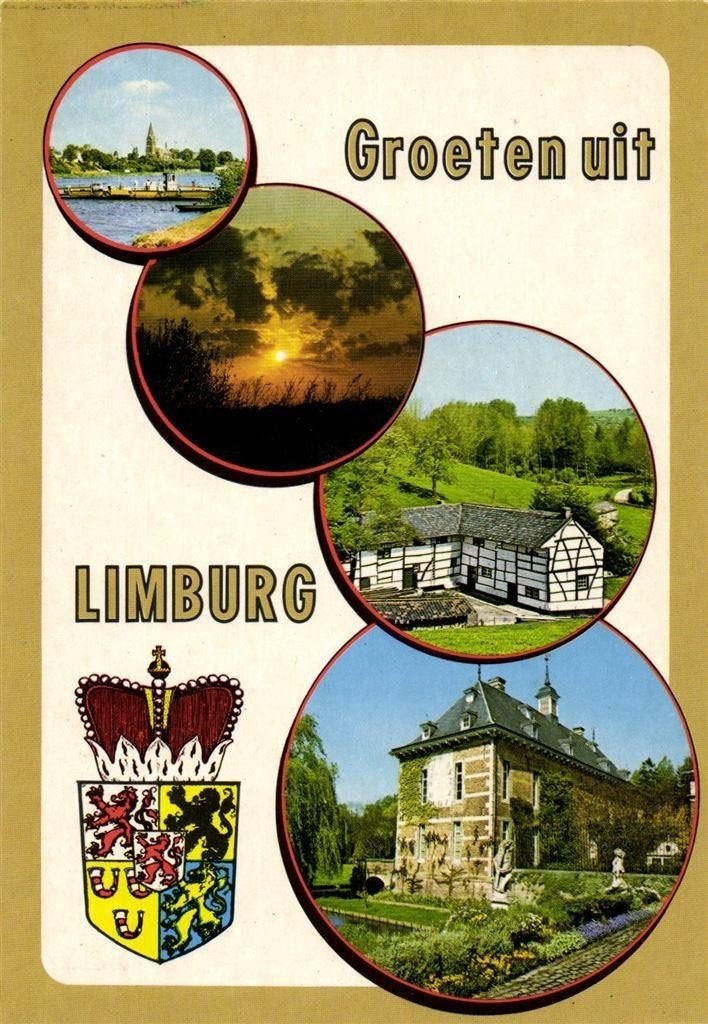 Groeten uit Limburg - 4 afb. + wapen o.a. pont - 1987 gelope, Ophalen of Verzenden, 1980 tot heden, Gelopen, Limburg