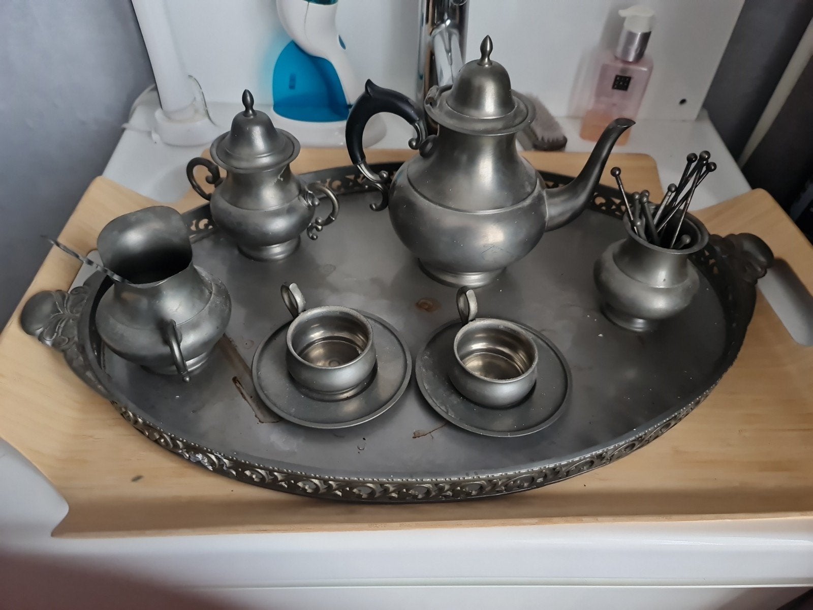 Antiek tinnen theeservies met dienblad, Ophalen of Verzenden