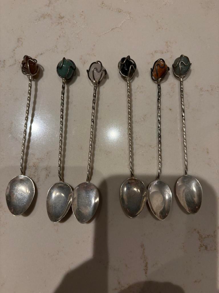 Set van 6 vintage theelepels met edelstenen, Ophalen of Verzenden