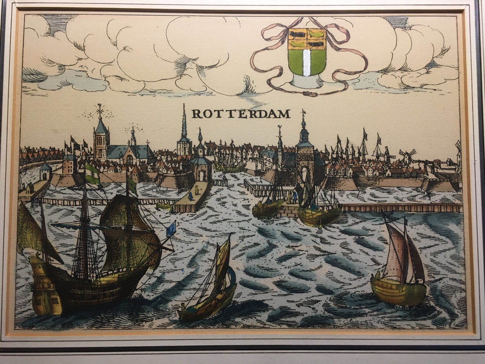 Handgekleurde ets Rotterdam, Handgekleurd, Ets, Stadsgezicht, Ophalen of Verzenden