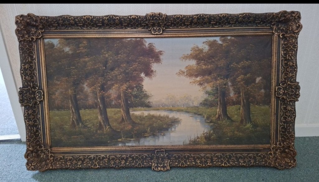 Prachtig schilderij met mooie lijst., Ophalen, Bijzondere lijst, Doek, Landschap