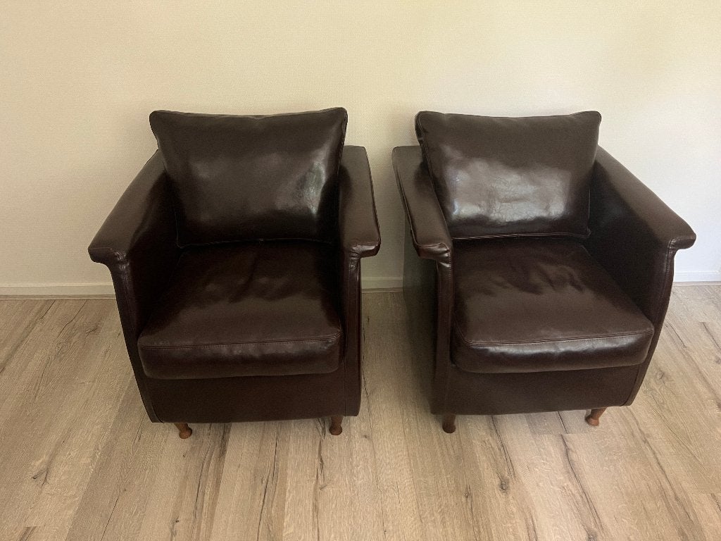 set donkerbruine lederen fauteuiles, Huis en Inrichting, Fauteuils, Ophalen, Minder dan 75 cm, Koloniaal, Leer