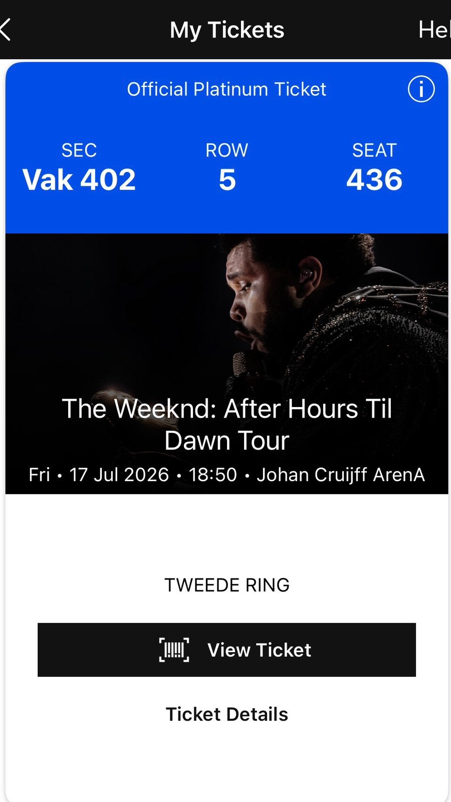 The Weeknd concert 17-07-2026 official platinum ticket, Eén persoon, Juli