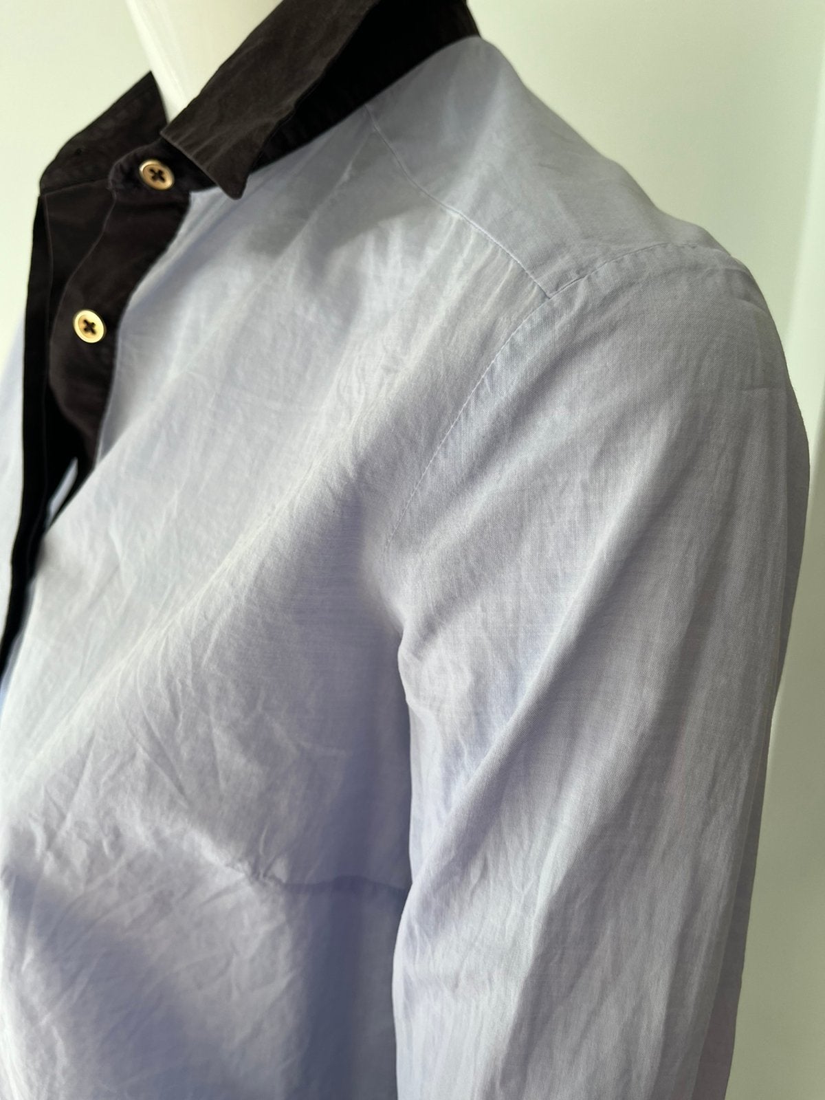 Blauw overhemd met bruine bies Dries van Noten- maat 36, Ophalen of Verzenden, Gedragen, Maat 36 (S), Blauw