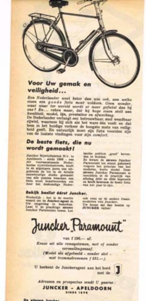 Juncker "Paramount" Fiets - Adv. uit Tijdschrift 1954, Verzamelen, Ophalen of Verzenden, Gebruikt