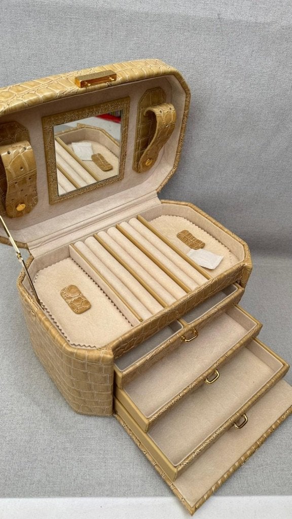 Luxe Beige Sieradendoos met Krokodillenprint en Spiegels, Verzenden, Beige, Hardcase, Zo goed als nieuw