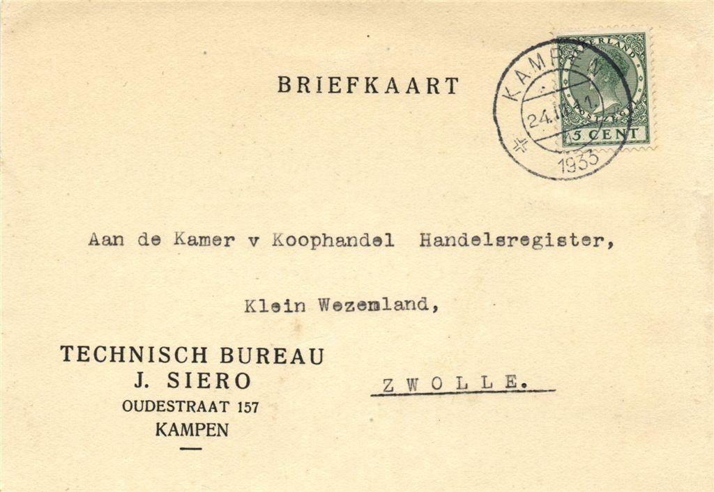 Technisch Bureau J. Siero, Kampen - 03.1933 - briefkaart, Ophalen of Verzenden, Briefkaart