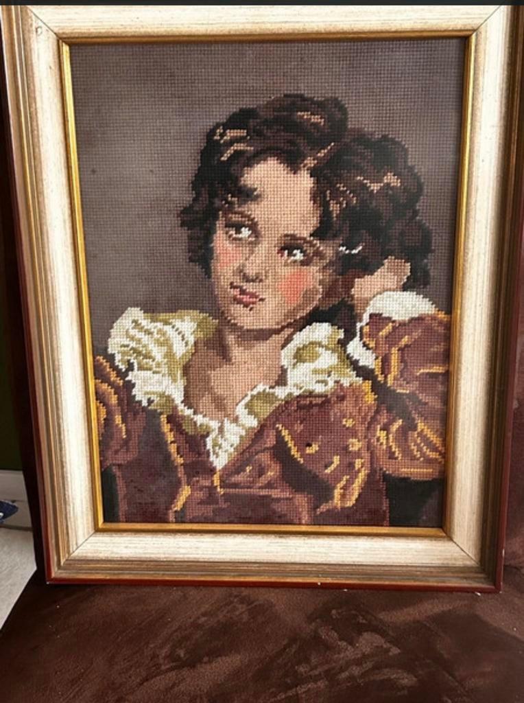 Prachtig Vintage borduur  schilderij “ The Red Boy”, Antiek en Kunst, Verzenden