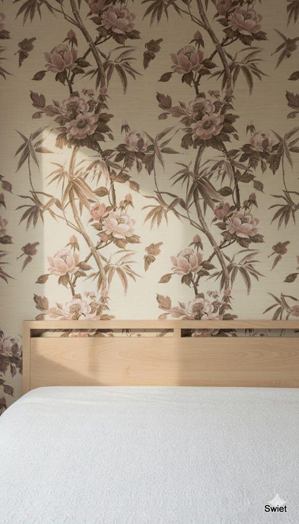 14242 vintage bloemen behang dusty rose bamboe swiet, Ophalen of Verzenden, 50 tot 75 m², Beige