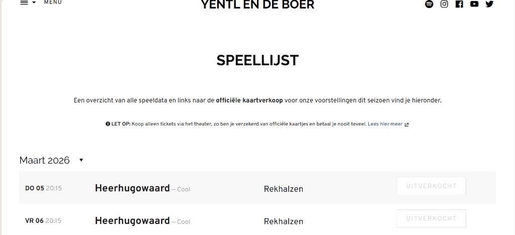 Cabaret voorstelling Rekhalzen Yentl & De Boer Ticket 25,-, Tickets en Kaartjes, Twee personen, Maart