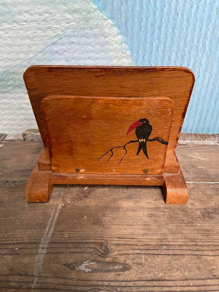 Oude houten poststandaard met zwarte vogel op tak, Antiek en Kunst, Ophalen of Verzenden
