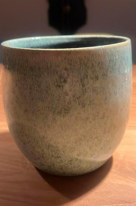 Bloempot mint groen gevlamd 15 cm, Ophalen, Rond, Zo goed als nieuw, Aardewerk