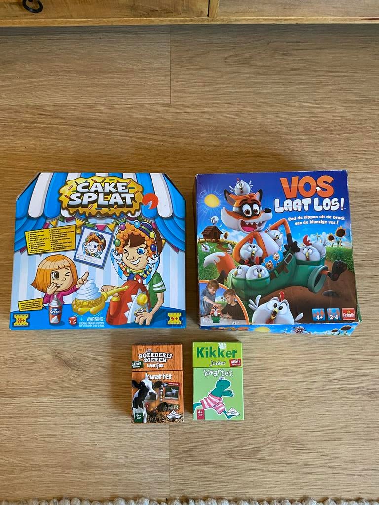 Spellenpakket: Cake Splat, Vos Laat Los + 2 Kwartetspellen, Een of twee spelers, Ophalen of Verzenden, Gebruikt