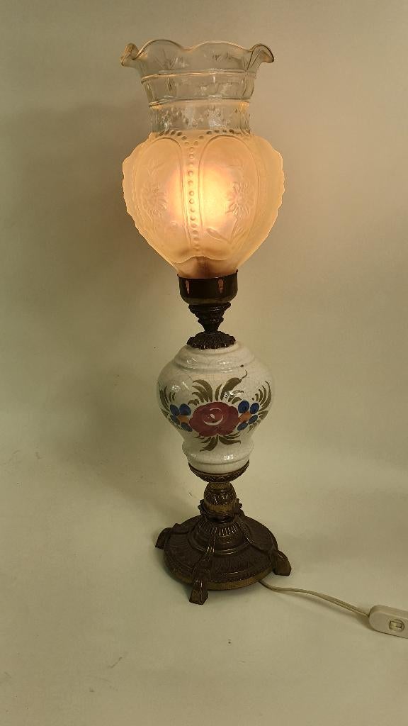 Antieke Italiaanse tafellamp, messing, aardewerk, glas. S13, Ophalen of Verzenden
