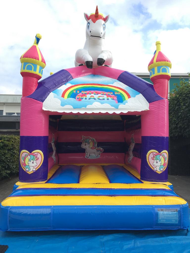 Supercool Springkussen Unicorn te huur! 3,5 x 4,5m! Met dak!, Ophalen of Verzenden