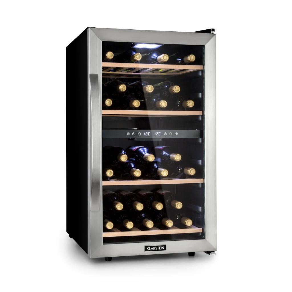 Nieuwstaat! Wijnkoeler 45 flessen, 2 zones, RVS € 195,-, Zonder vriesvak, 45 tot 60 cm, Ophalen, 85 tot 120 cm