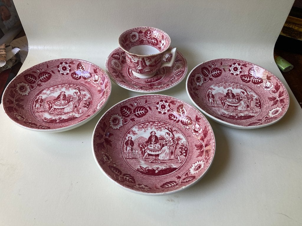 Societe Ceramique kop en 4 schotels Tea Drinker rood, Antiek en Kunst, Ophalen of Verzenden