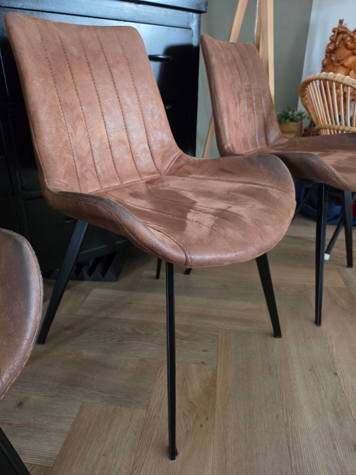 4x Eetkamerstoelen cognac microvezel, zwart onderstel, Ophalen, Bruin, Vier