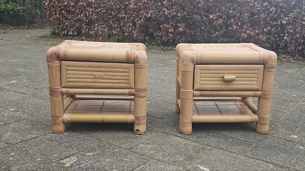 Vintage bamboe nachtkastjes/bijzettafeltjes, Ophalen, Minder dan 45 cm, Minder dan 55 cm