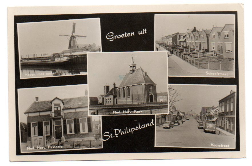 Groeten uit St. Philipsland met oa. molen kerk VW busje 2CV, Ophalen of Verzenden, 1940 tot 1960, Gelopen, Zeeland