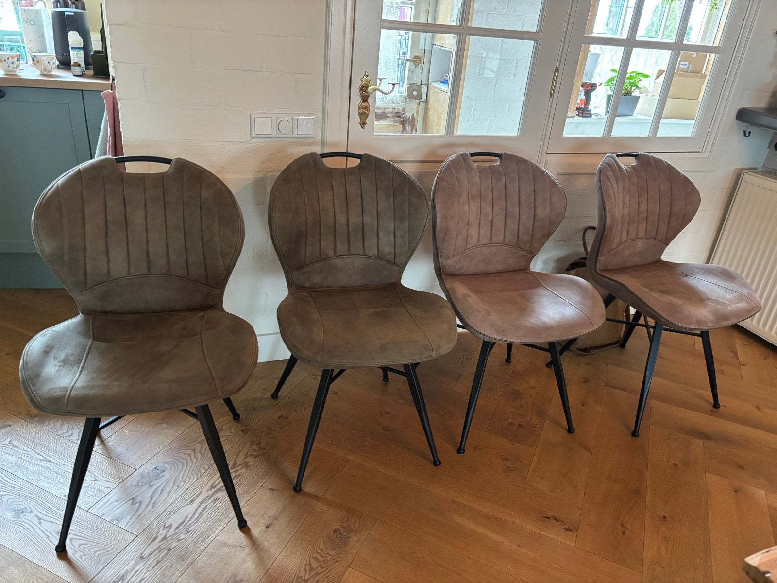 Set van 4 eetkamerstoelen - 2 keer taupe, 2 keer olijfgroen, Ophalen, Gebruikt, Overige kleuren, Vier