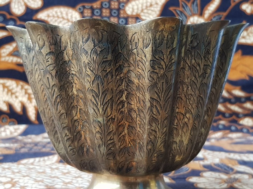 Mooie oude antieke pot uit Indonesië van bewerkt koper 13 cm, Antiek en Kunst, Ophalen of Verzenden, Koper