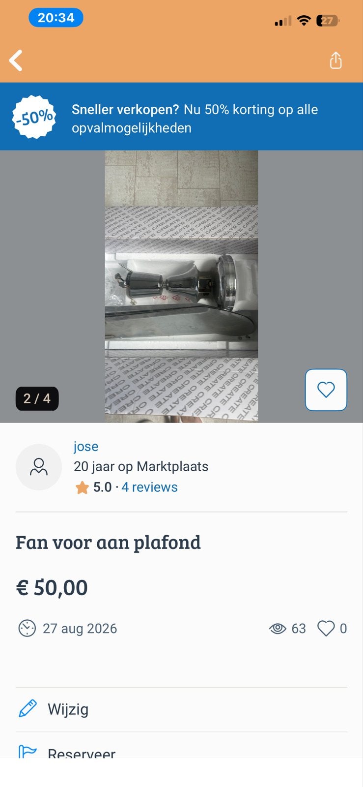 Gebruikte metalen plafondventilator, dimbaar voor de horeca, Ophalen, Gebruikt, Plafondventilator