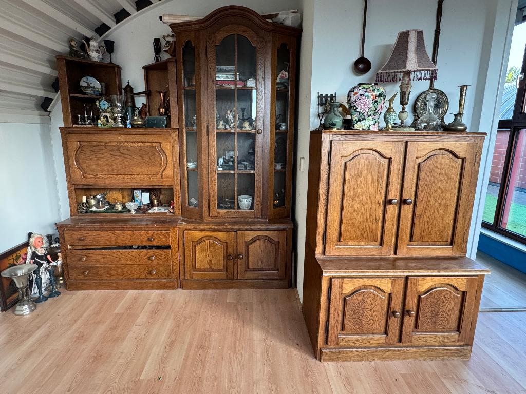 Driedelige eiken vitrinekast met secretaire, Ophalen, Gebruikt, Klassiek, Eikenhout