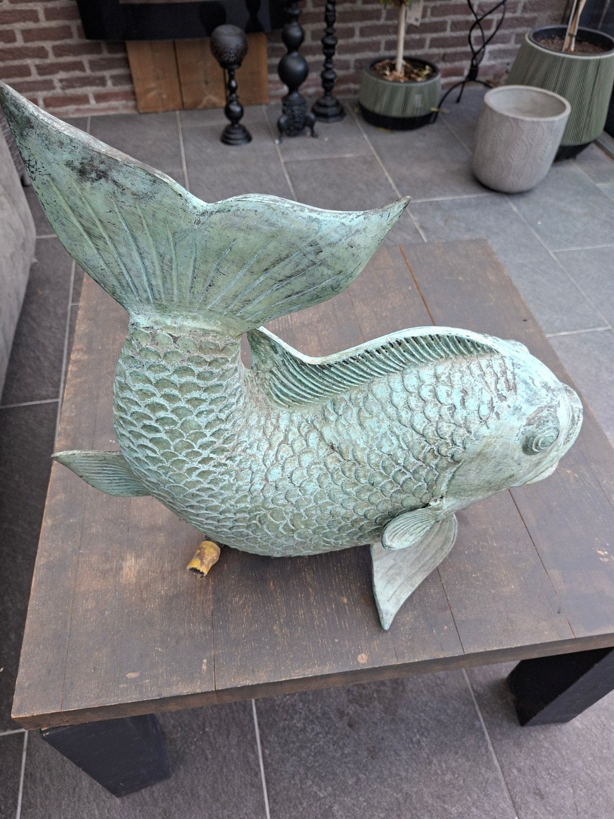 Bronzen fonteinbeeld vis 55x50 cm, Tuin en Terras, Tuinbeelden, Ophalen, Gebruikt, Metaal, Dierenbeeld