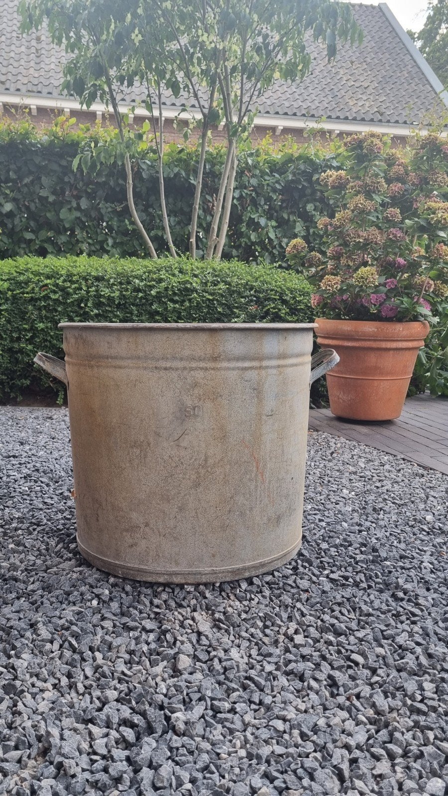 Brocante zinken wasketel/plantenbak, Ophalen, Gebruikt, Metaal, 30 tot 60 cm