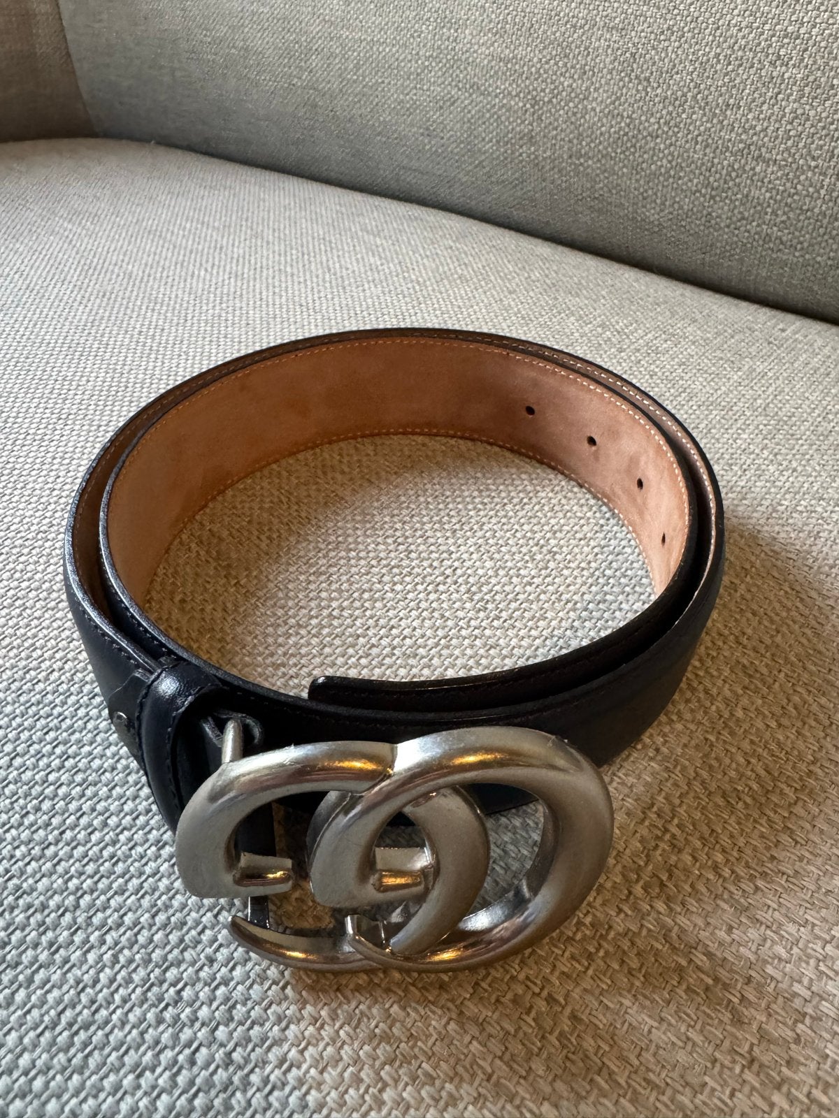 Gucci riem blauw met zilveren GG gesp, Ophalen, 3 tot 5 cm, Echt leder, Heupriem