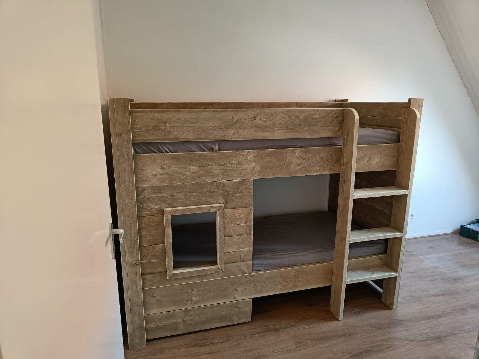 Stevig stapelbed van steigerhout., Ophalen, Tweepersoons, Minder dan 160 cm, Stapelbed