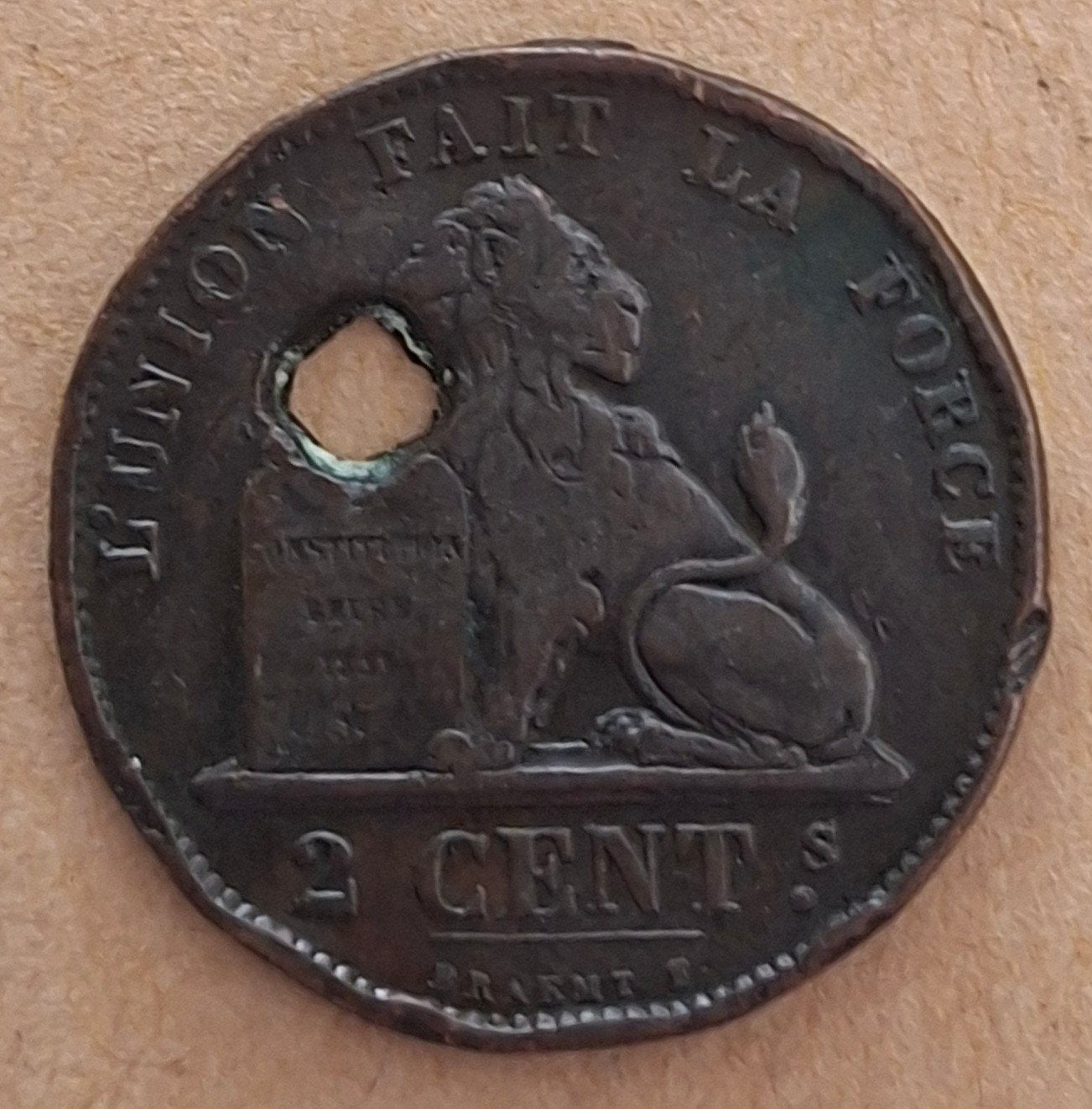 België 2 Centimes 1870 – Leopold II (met gat), Ophalen of Verzenden, Metaal, Losse munt