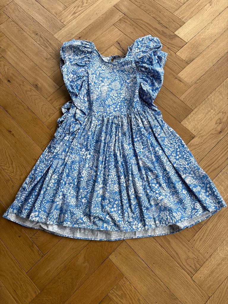 Zara jurk met bloemenprint en ruches, Blauw, Ophalen of Verzenden, Zo goed als nieuw, Maat 36 (S)