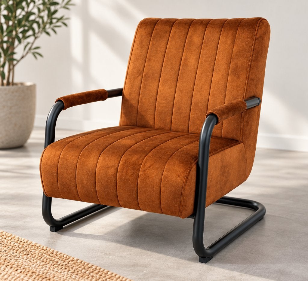 Cognackleurige lounge fauteuil, Ophalen, 75 tot 100 cm, Zo goed als nieuw, Metaal