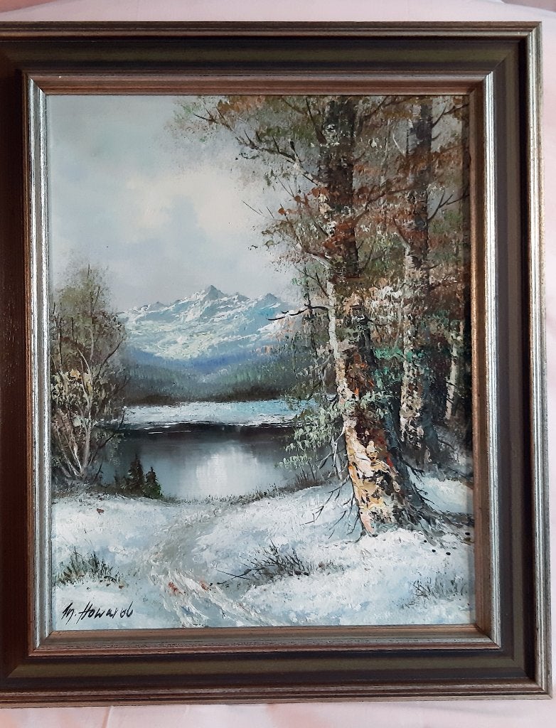 Klassiek schilderij winterlandschap M. Howard, Doek, Ophalen of Verzenden, Olieverf, Klassiek