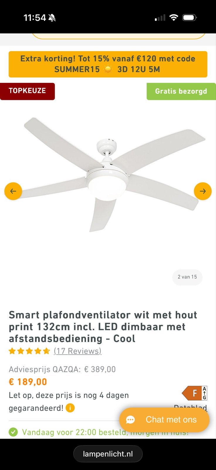 Plafondventilator met licht en afstandsbediening, Wit, Zo goed als nieuw, Qazqa, Dimbaar
