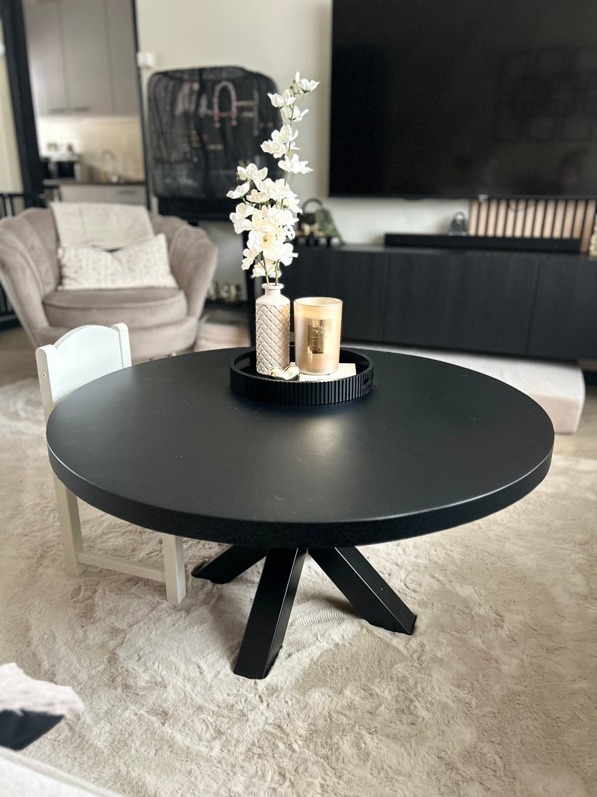 Zwarte salontafel mangohout, Ophalen, Zo goed als nieuw, Rond, 50 tot 100 cm