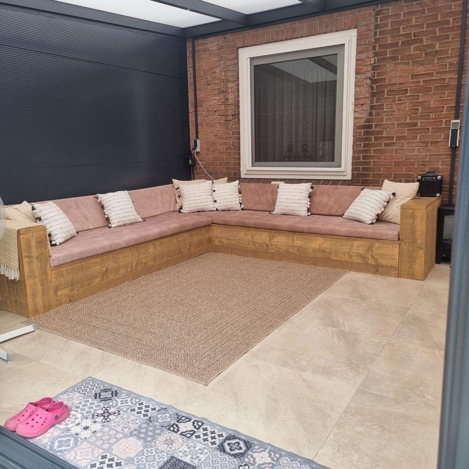 Steigerhouten hoekbank 3x3 meter, Tuin en Terras, Ophalen, Gebruikt