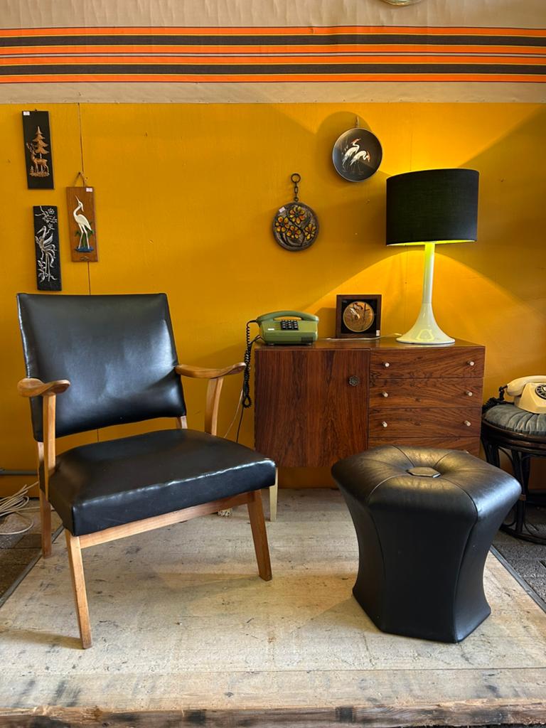 Vintage jaren 60/70 stoel/ fauteuil, zwart met hout, Ophalen, Vintage, ?, ?
