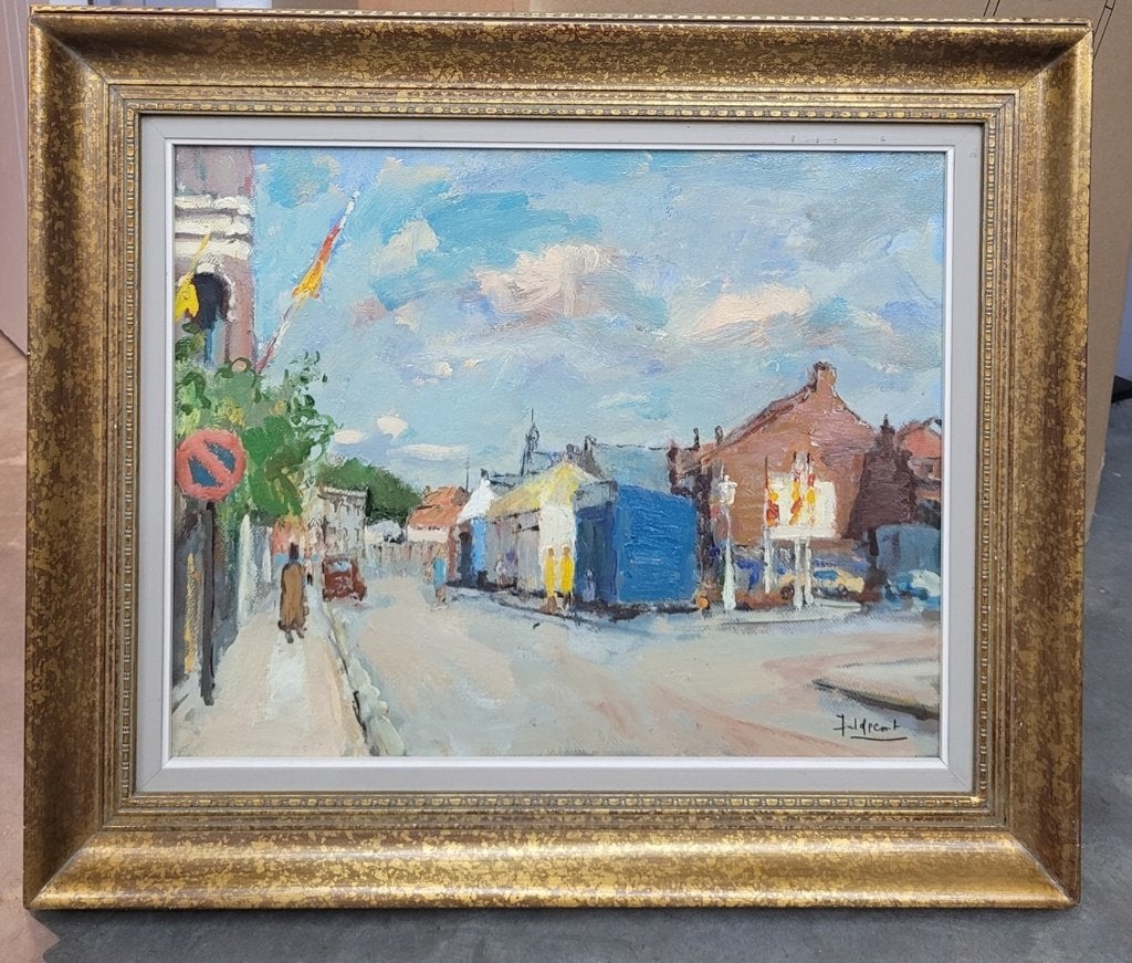 Juul DE CORT, kermis te Hemiksem, Paneel, Ophalen of Verzenden, Olieverf, Origineel werk