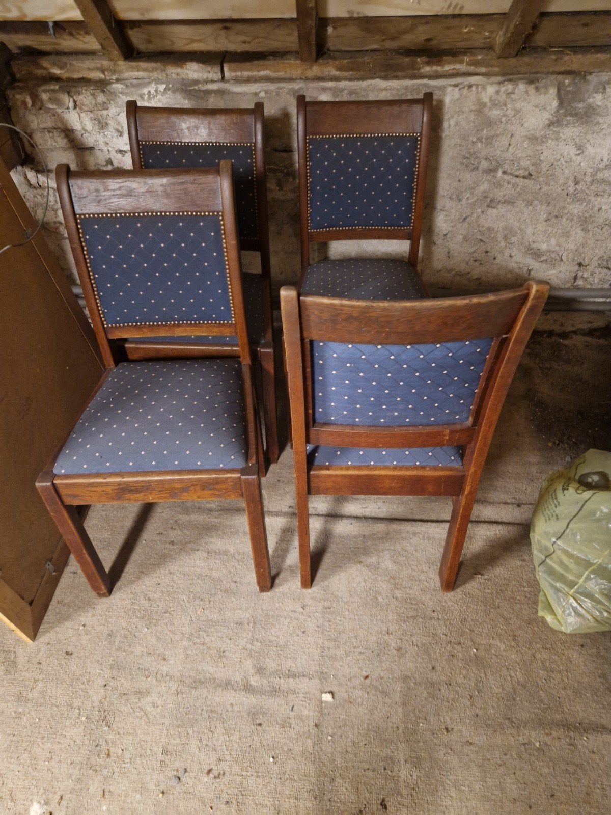 Set van 4 antieke eikenhouten stoelen met blauwe bekleding, Ophalen