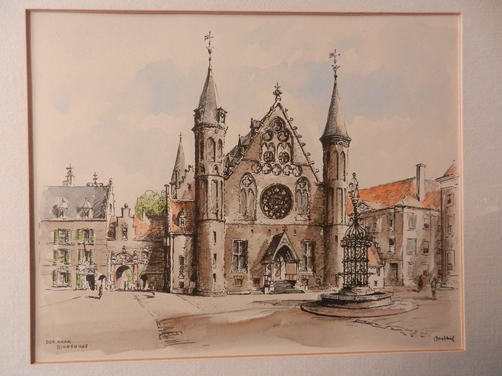 Ingekleurde litho Binnenhof Ridderzaal Den Haag Bob Brobbel, Met glas, Ophalen of Verzenden, Overige onderwerpen, Lithografie