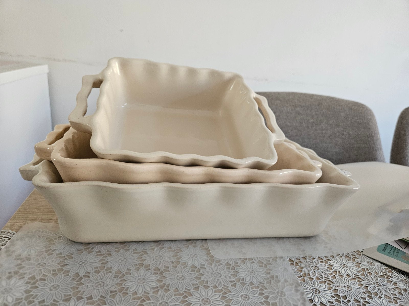 Set van 3 crèmekleurige ovenschalen, Steen/keramiek, Ophalen, Beige, Overige typen