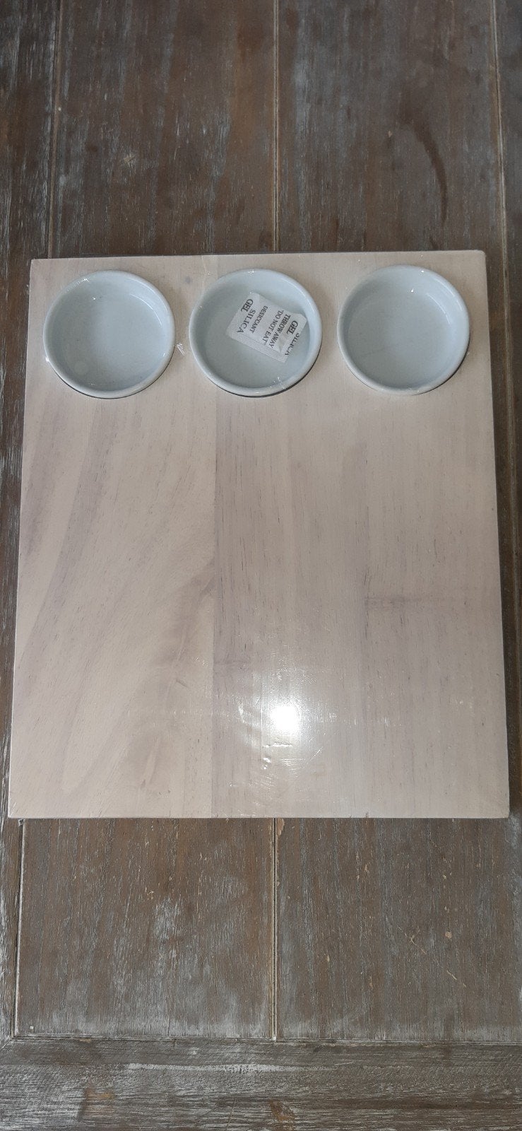 houten serveerplank met drie schaaltjes keramiek wit, Beige, Hout, Snij-/serveerplank, Nieuw