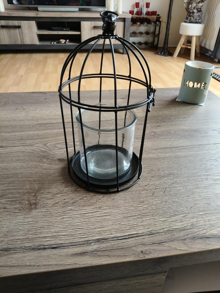 Zwarte metalen vogelkooi kandelaar met glazen houder, Ophalen of Verzenden, Zo goed als nieuw, Metaal