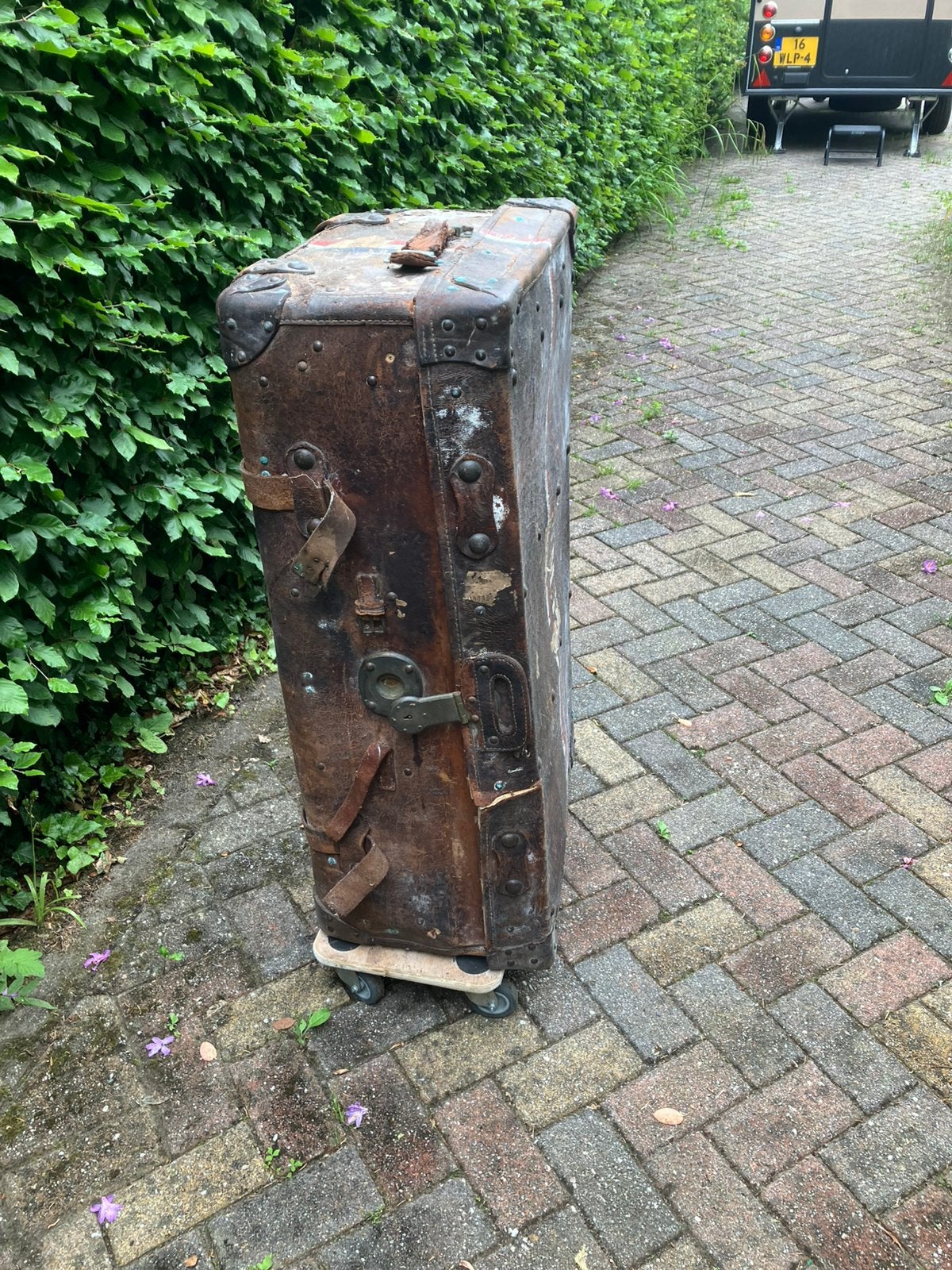 Antieke leren hutkoffer, Ophalen, Gebruikt, 75 cm of meer