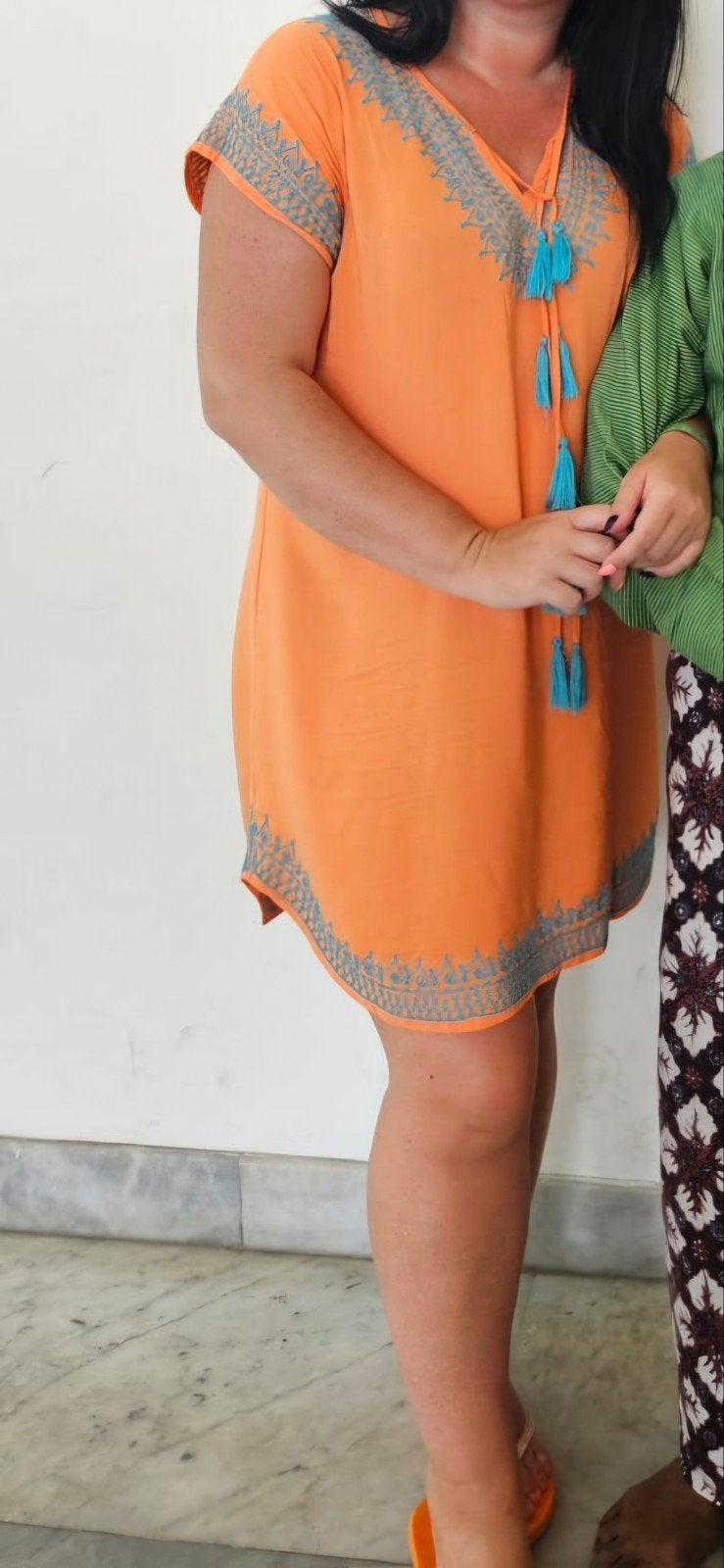 Boho jurk/tuniek oranje met turquoise borduurwerk, Maat 38/40 (M), Oranje, Ophalen of Verzenden, Boven de knie